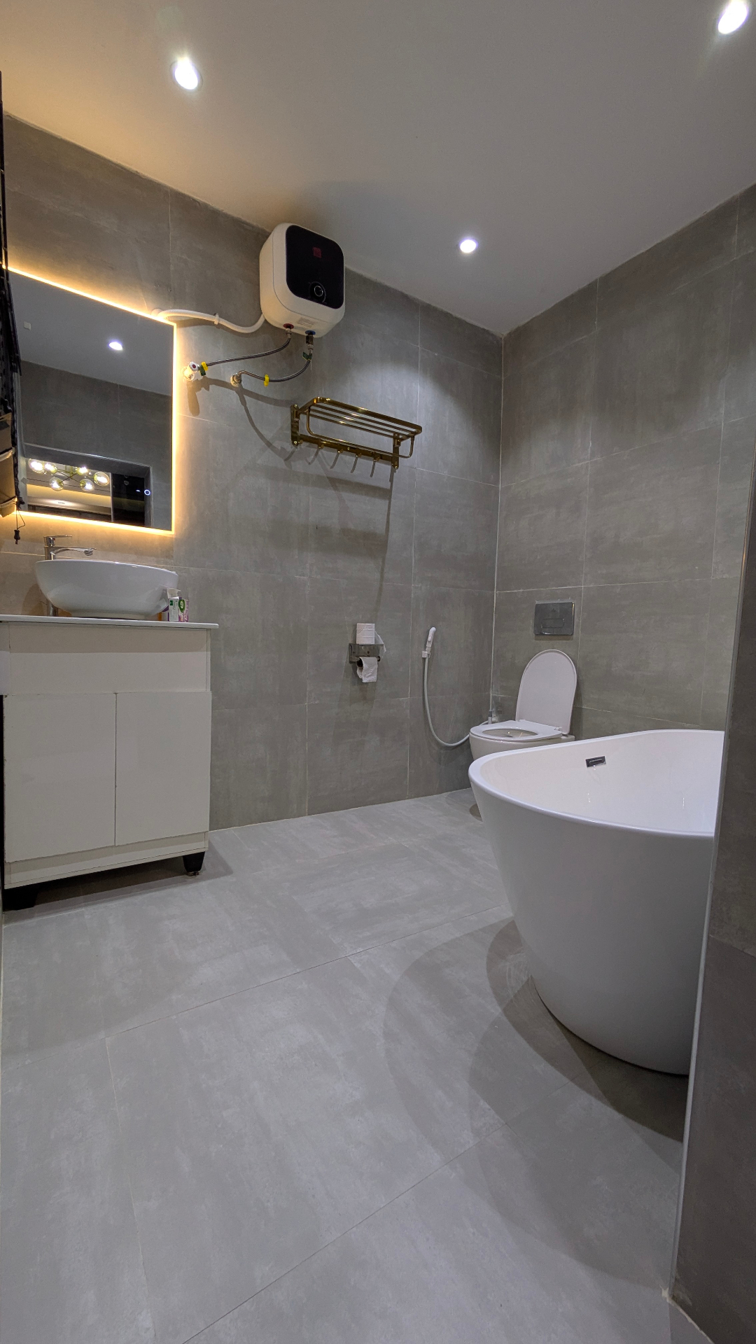 Spa-style bathroom with freestanding soaking tub